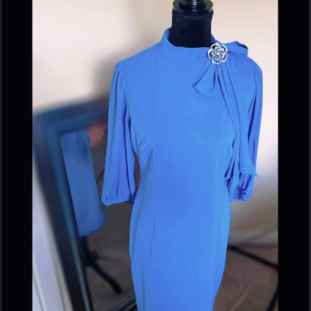 New York & Company Blue Long Sleeve Dress with Floral Accent
